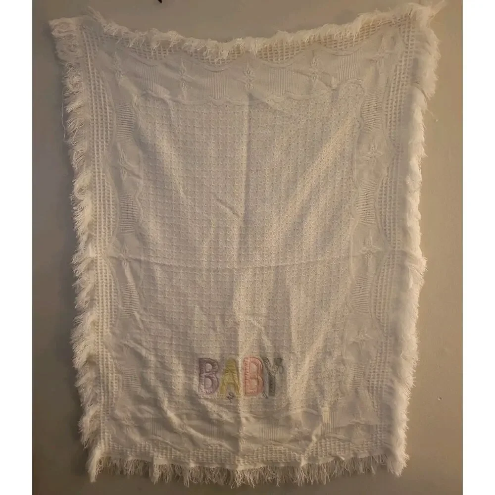 Vintage Baby Blanket bright future White “BABY” Fringe Trim 36 X 47 Cottagecore